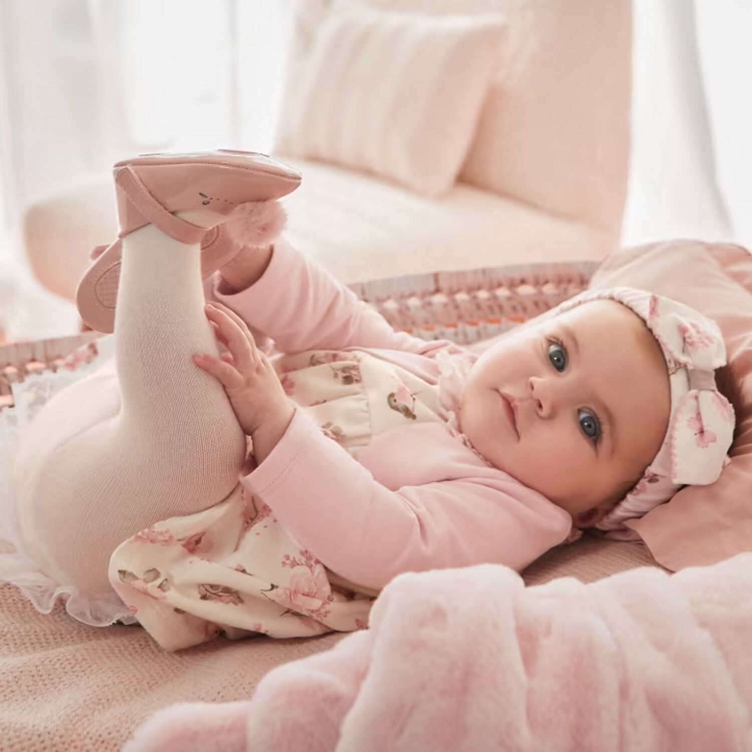 Baby Girls Pink & Ivory Floral Dress, 1, hi-res image number null