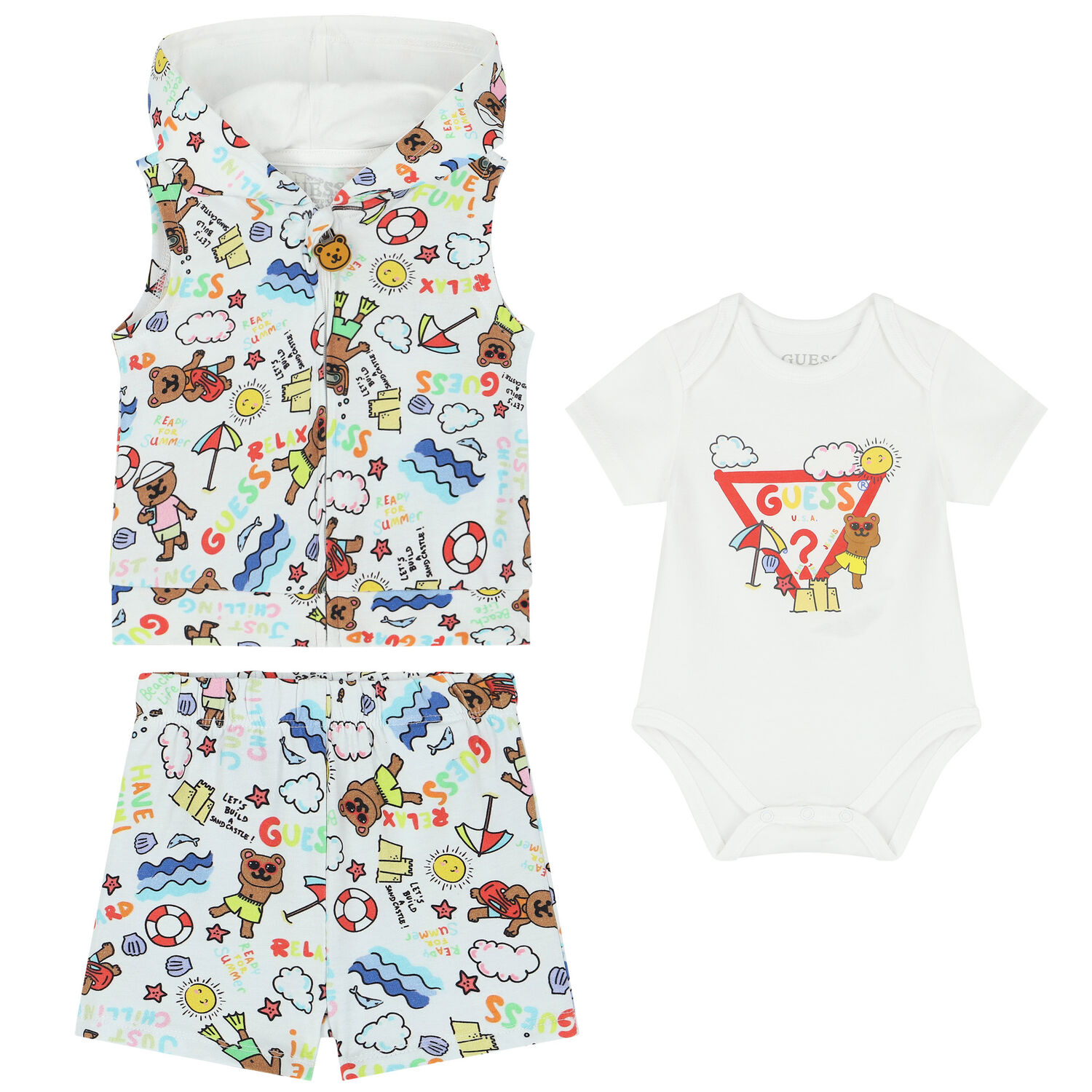 White Teddy Bear Shorts Set, 1, hi-res