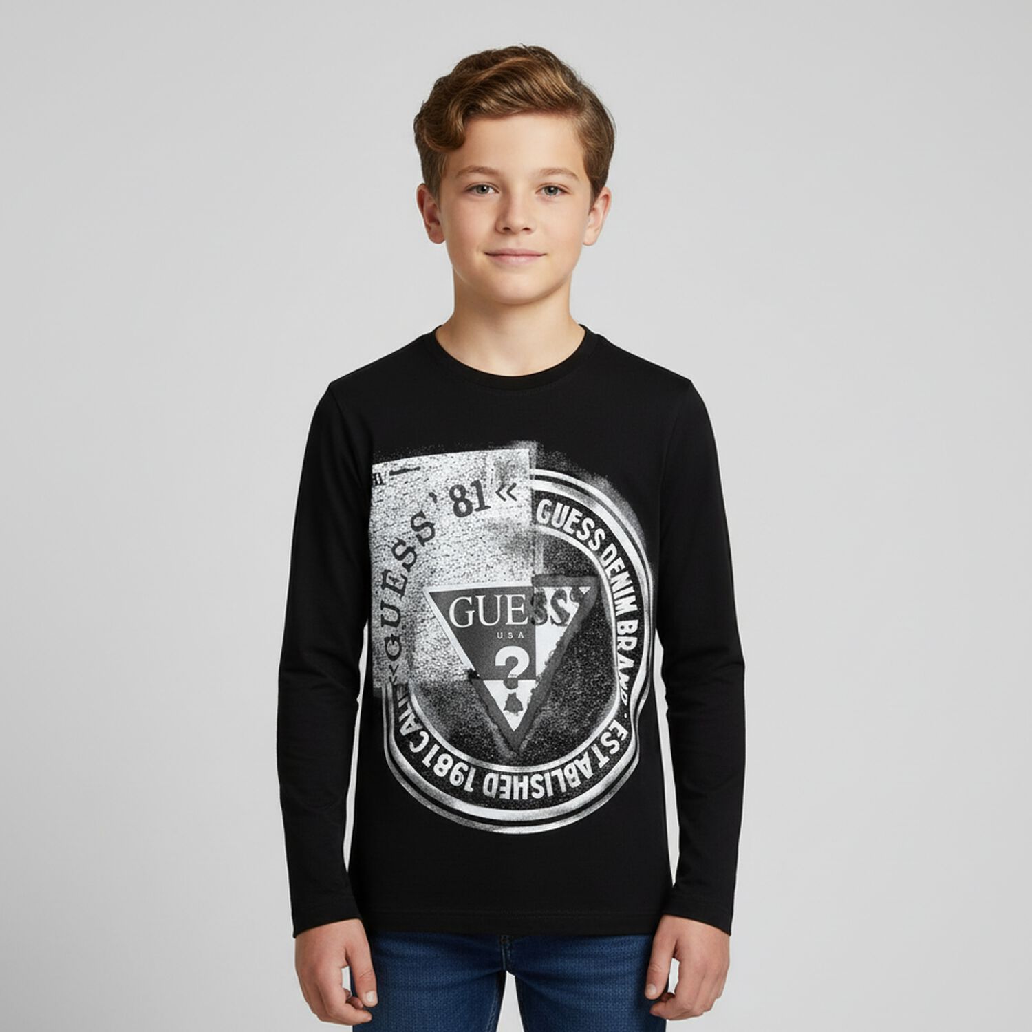 Boys Black Logo Long Sleeve Top, 1, hi-res