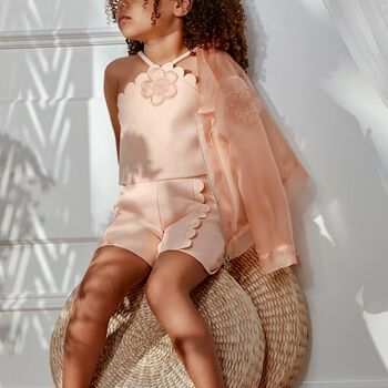 Girls Orange Flower Crepe Shorts Set