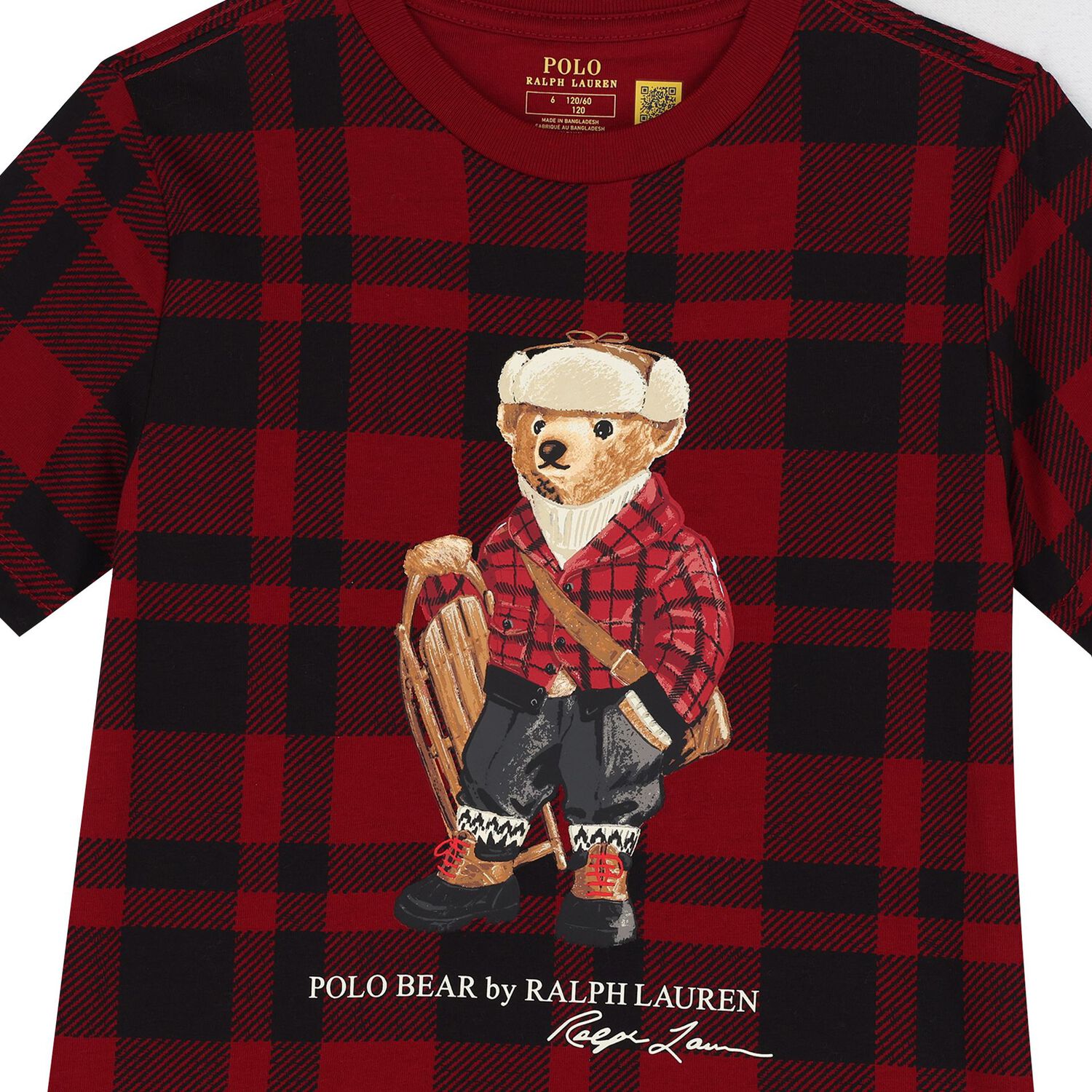 Boys Red & Black Check Polo Bear T-Shirt , 1, hi-res