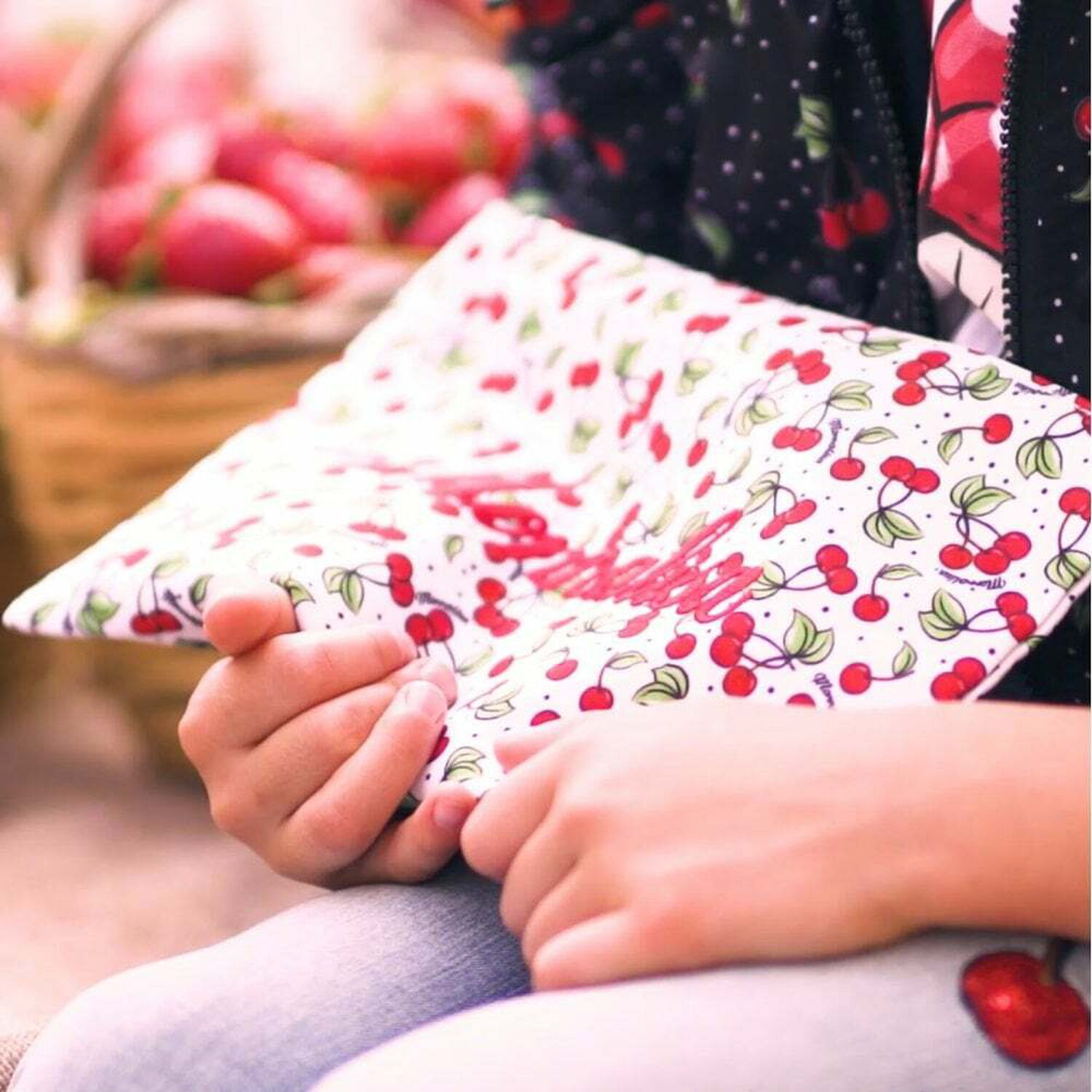 Girls White & Red Cherry Print Bag, 1, hi-res