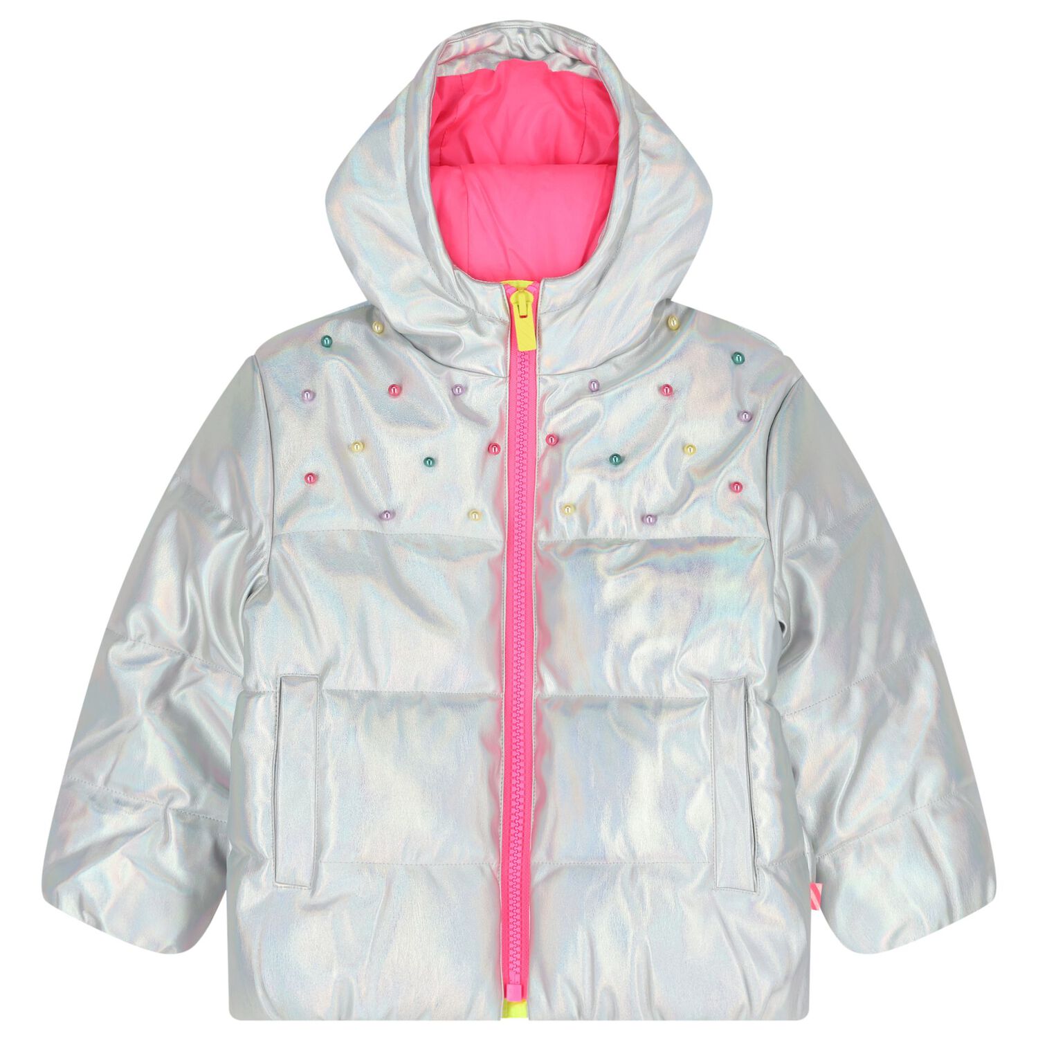 Girls Silver Iridescent Puffer Jacket, 1, hi-res
