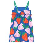 Girls Blue Strawberry Print Sun Dress, 1, hi-res