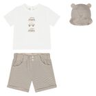 Younger Boys White & Beige Shorts Set, 1, hi-res