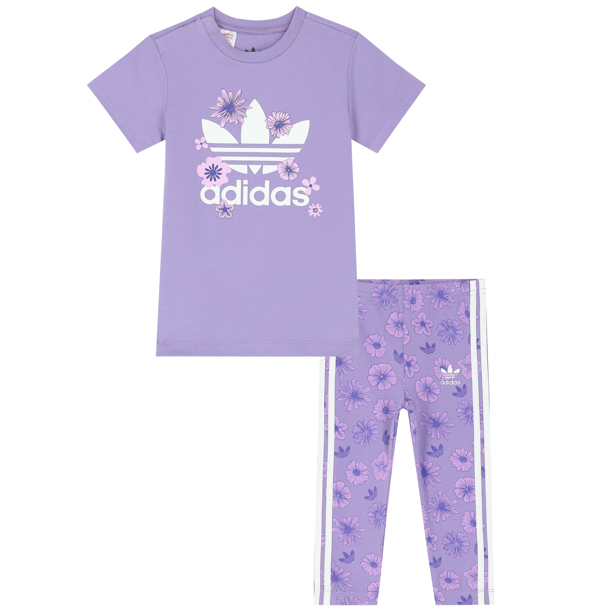 Adidas Kids Baby Girls Purple Floral Logo Leggings Set Junior Couture UK