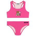 Girls Pink Teddy Bear Logo Bikini, 1, hi-res