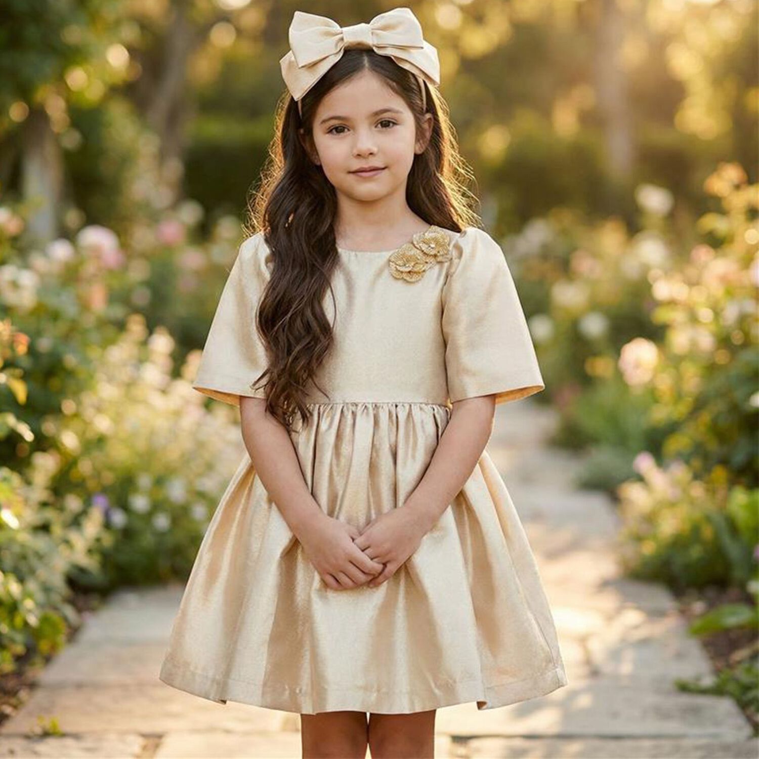 Girls Gold Flower Dress, 1, hi-res
