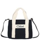 Girls Navy Blue Faux Shearling Logo Handbag, 1, hi-res