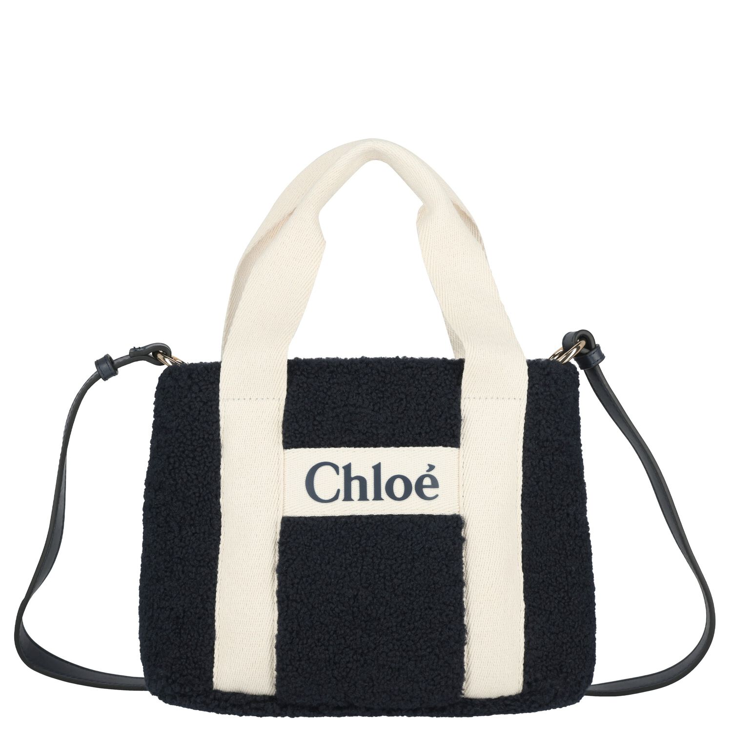 Girls Navy Blue Faux Shearling Logo Handbag, 1, hi-res
