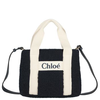 Girls Navy Blue Faux Shearling Logo Handbag
