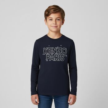 Boys Navy Blue Logo Long Sleeve Top