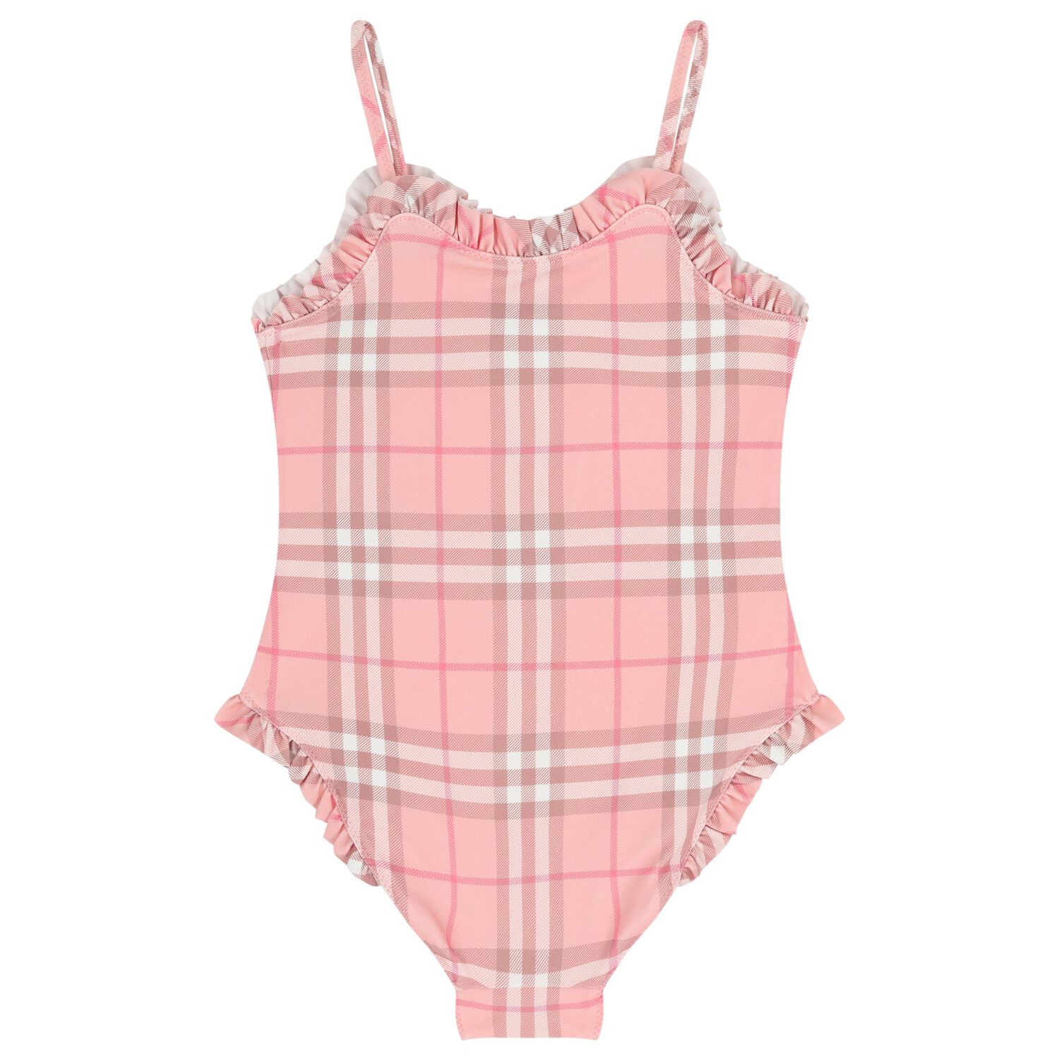 Girls Pink Check Ruffled Swimsuit, 1, hi-res