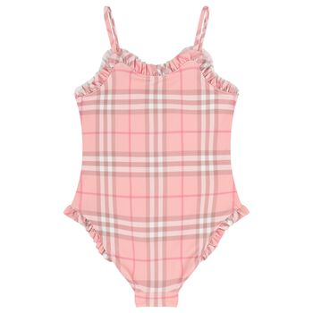 Girls Pink Check Ruffled Swimsuit