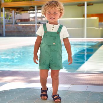 Younger Boys White & Green Dungaree Set