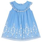 Younger Girls Blue & White Embroidered Dress, 1, hi-res