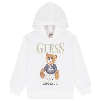 Girls White Teddy Bear Logo Hooded Top