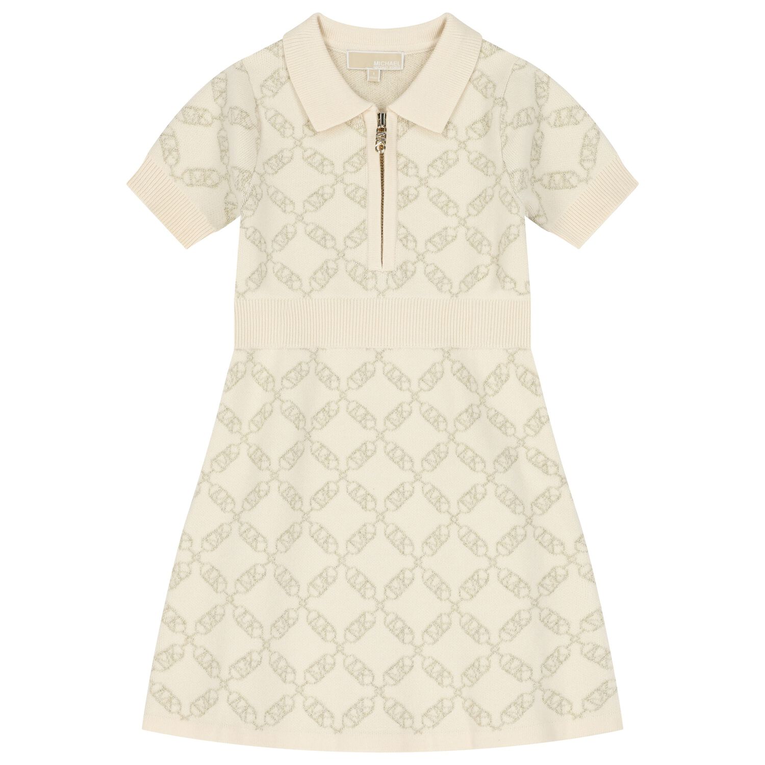 Girls Ivory & Gold Logo Knitted Polo Dress, 1, hi-res