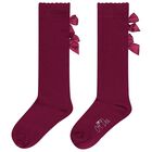 Girls Burgundy Satin Bow Socks, 1, hi-res