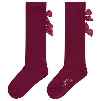 Girls Burgundy Satin Bow Socks