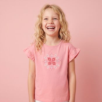 Girls Pink Embroidered Flower T-Shirt