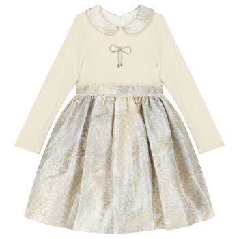 Girls Ivory & Gold Bow Dress