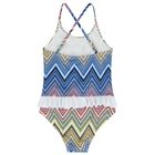 Girls Blue & White Zigzag logo Swimsuit, 1, hi-res