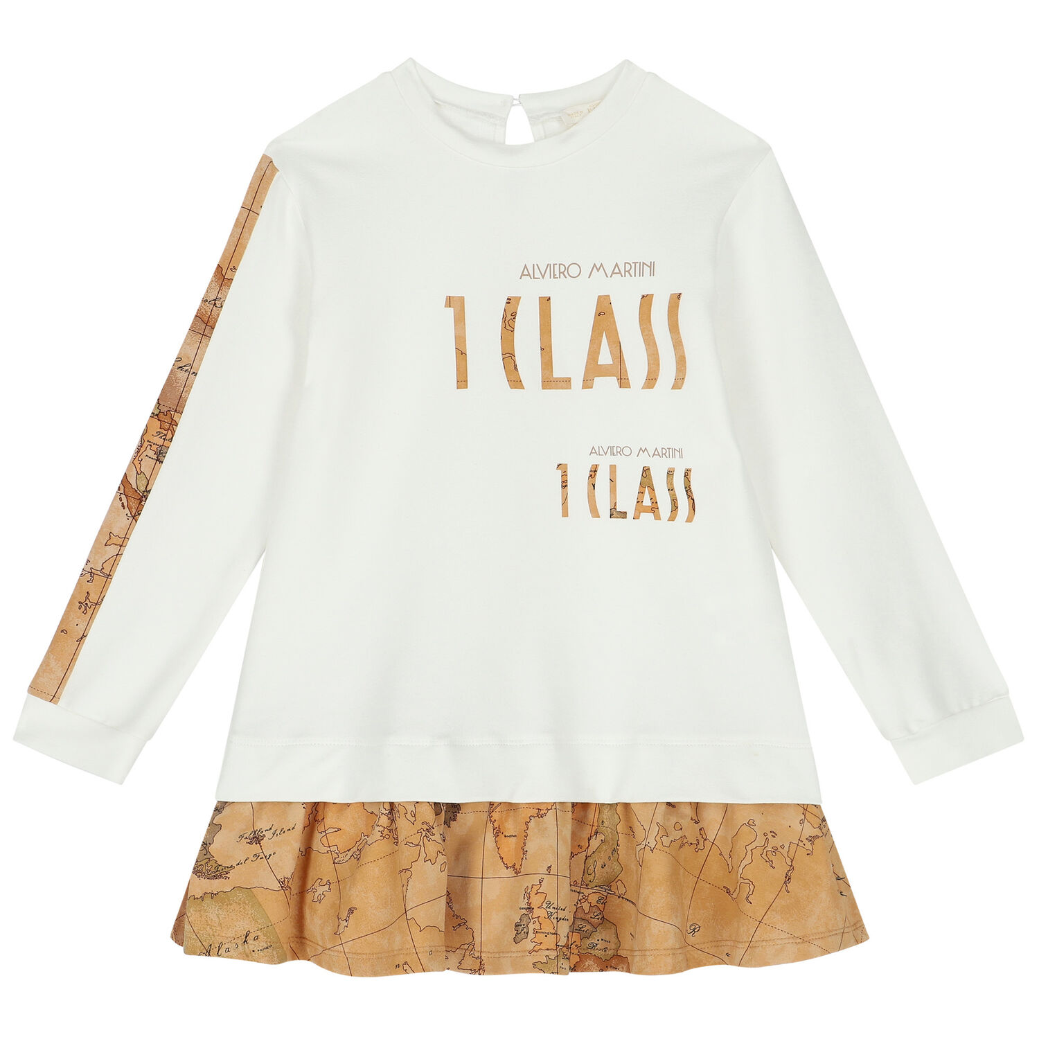 Girls Ivory & Beige Geo Map Logo Dress, 1, hi-res