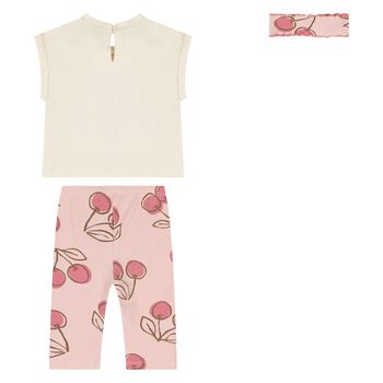 Younger Girls Beige & Pink Cherry Leggings Set