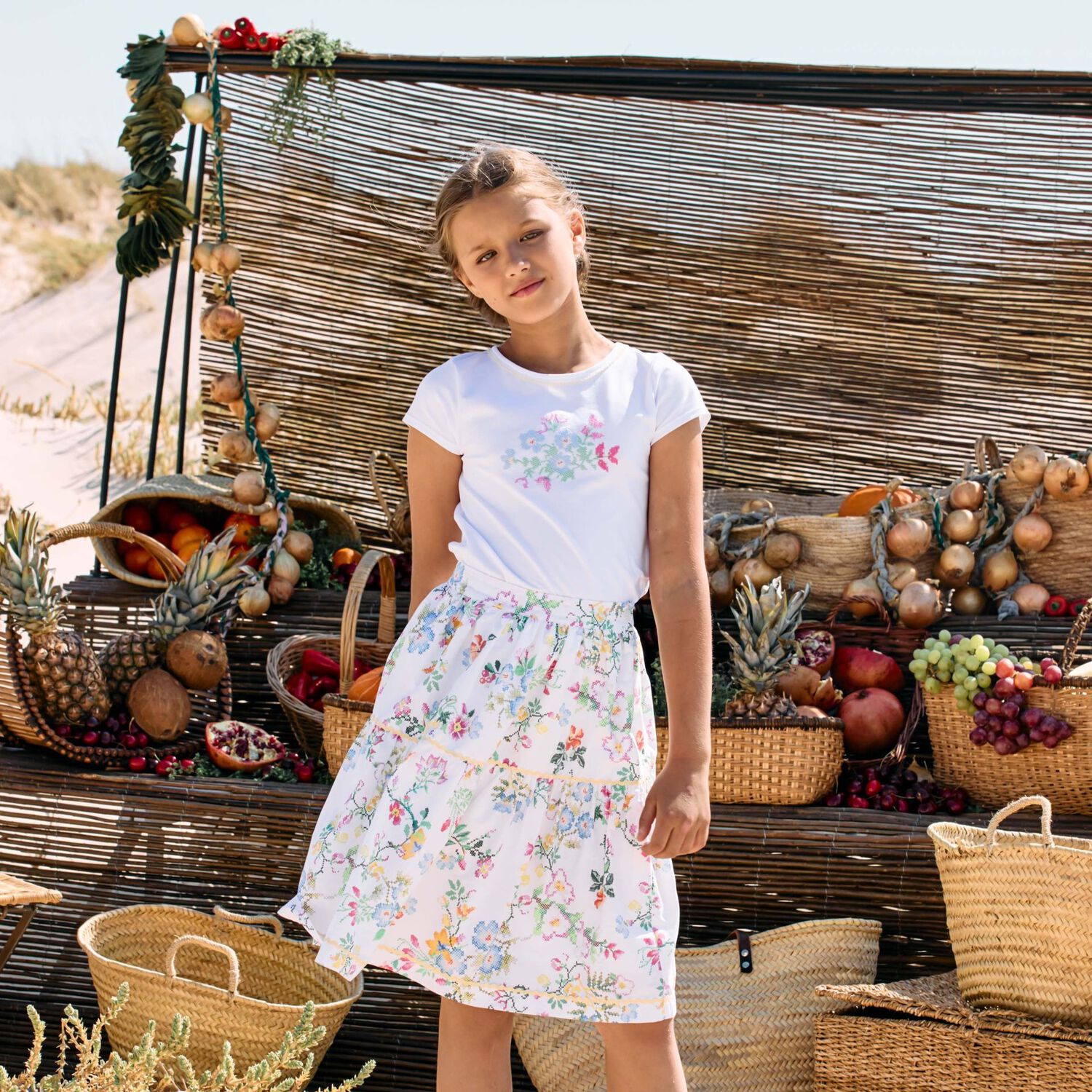 Girls White Floral Skirt Set, 1, hi-res