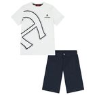 Boys White & Navy Blue Logo Shorts Set, 1, hi-res