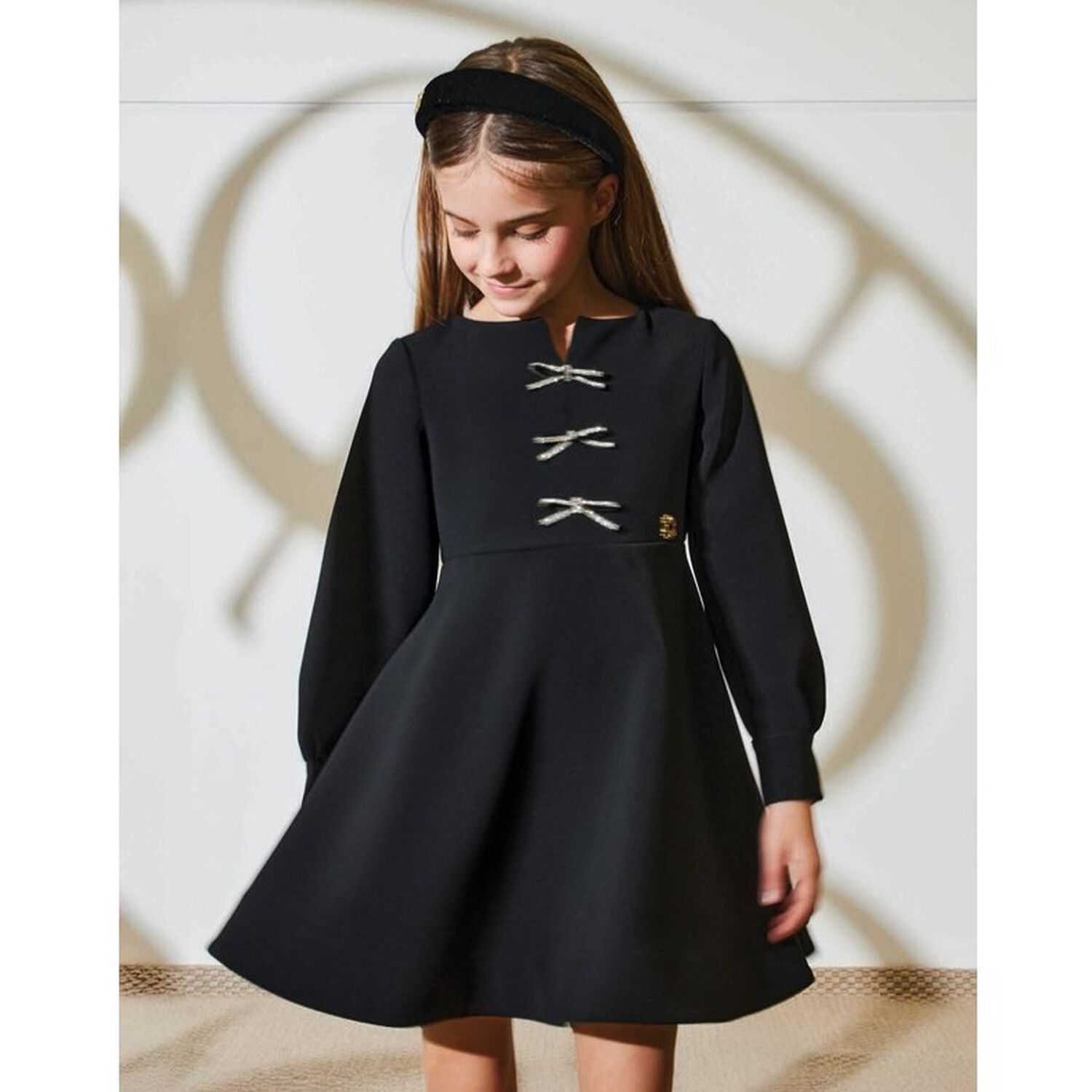 Girls Black Diamante Bow Dress, 1, hi-res