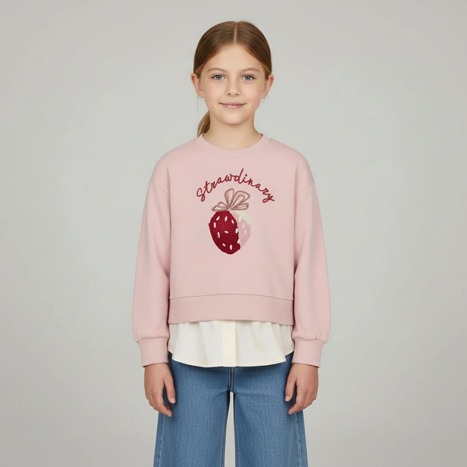 Girls Pink & Ivory Strawberry Sweatshirt, 1, hi-res