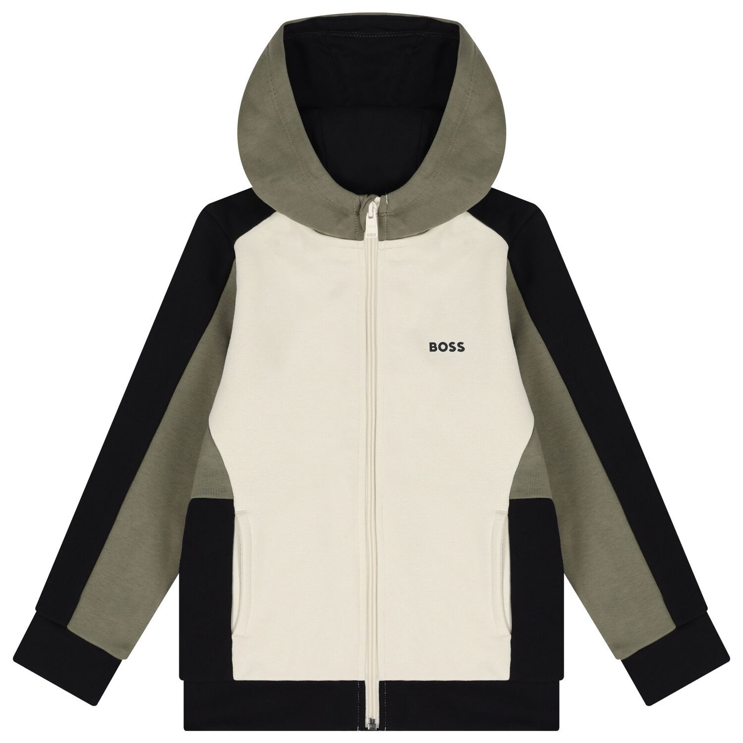 Boys Ivory, Green & Black Logo Hooded Zip Up Top, 2, hi-res