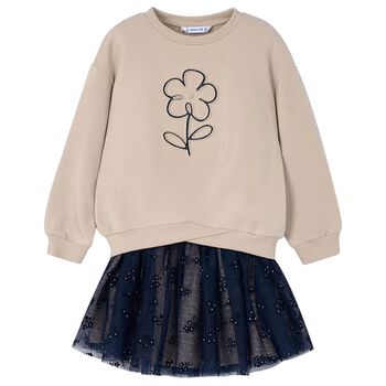 Mayoral Girls Beige & Navy Blue Flower Skirt Set, 3 Girls Beige & Navy Blue Flower Skirt Set