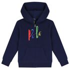 Boys Navy Logo Hooded Zip Up, 1, hi-res