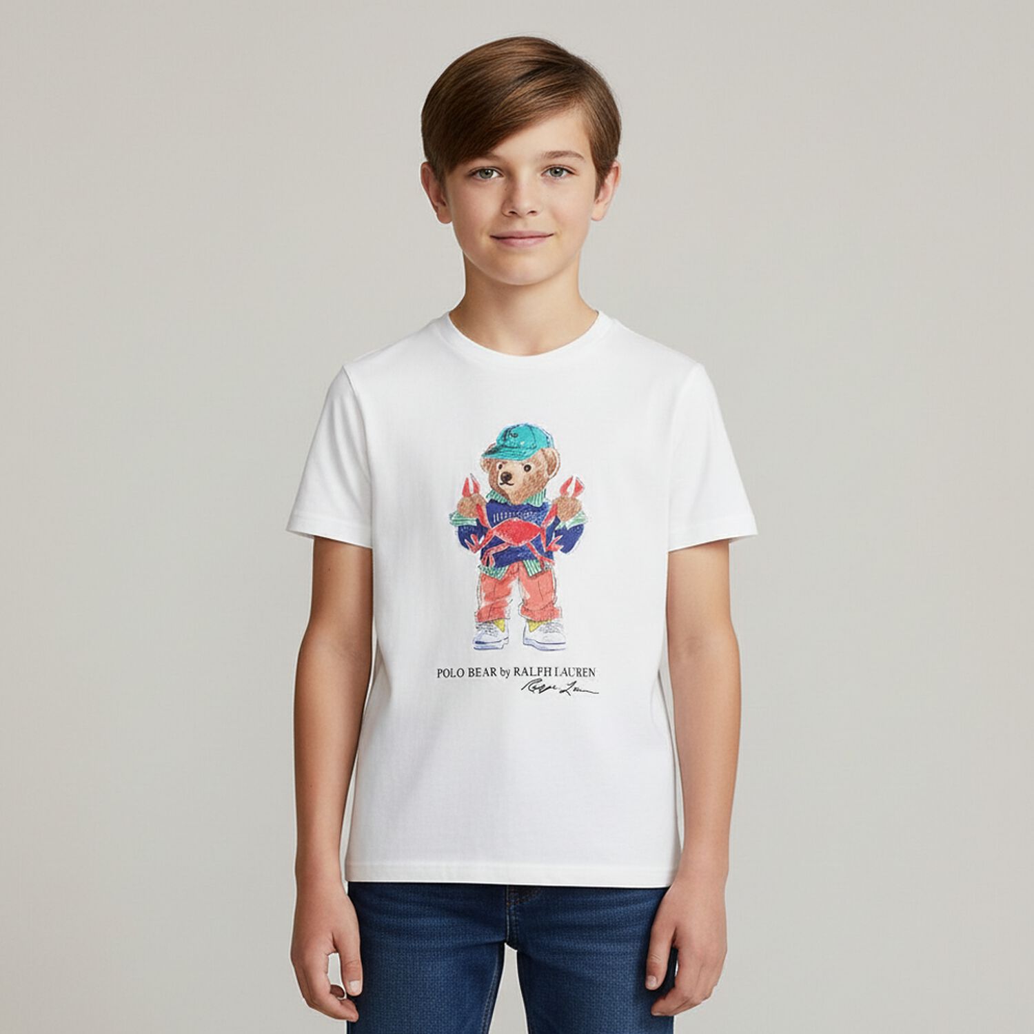 Boys White Cotton Polo Bear & Crab T-Shirt, 1, hi-res image number null