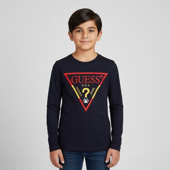Boys Navy Blue Logo Long Sleeve Top