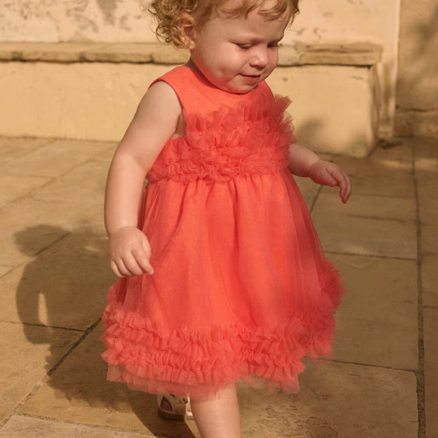 Younger Girls Coral Ruffled Tulle Dress, 1, hi-res