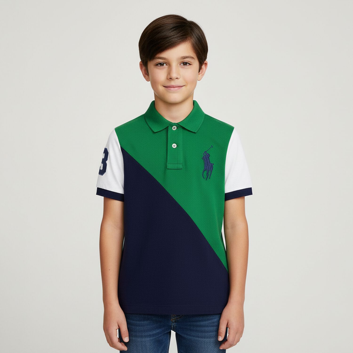 Boys Navy Blue & Green Logo Polo Shirt, 1, hi-res