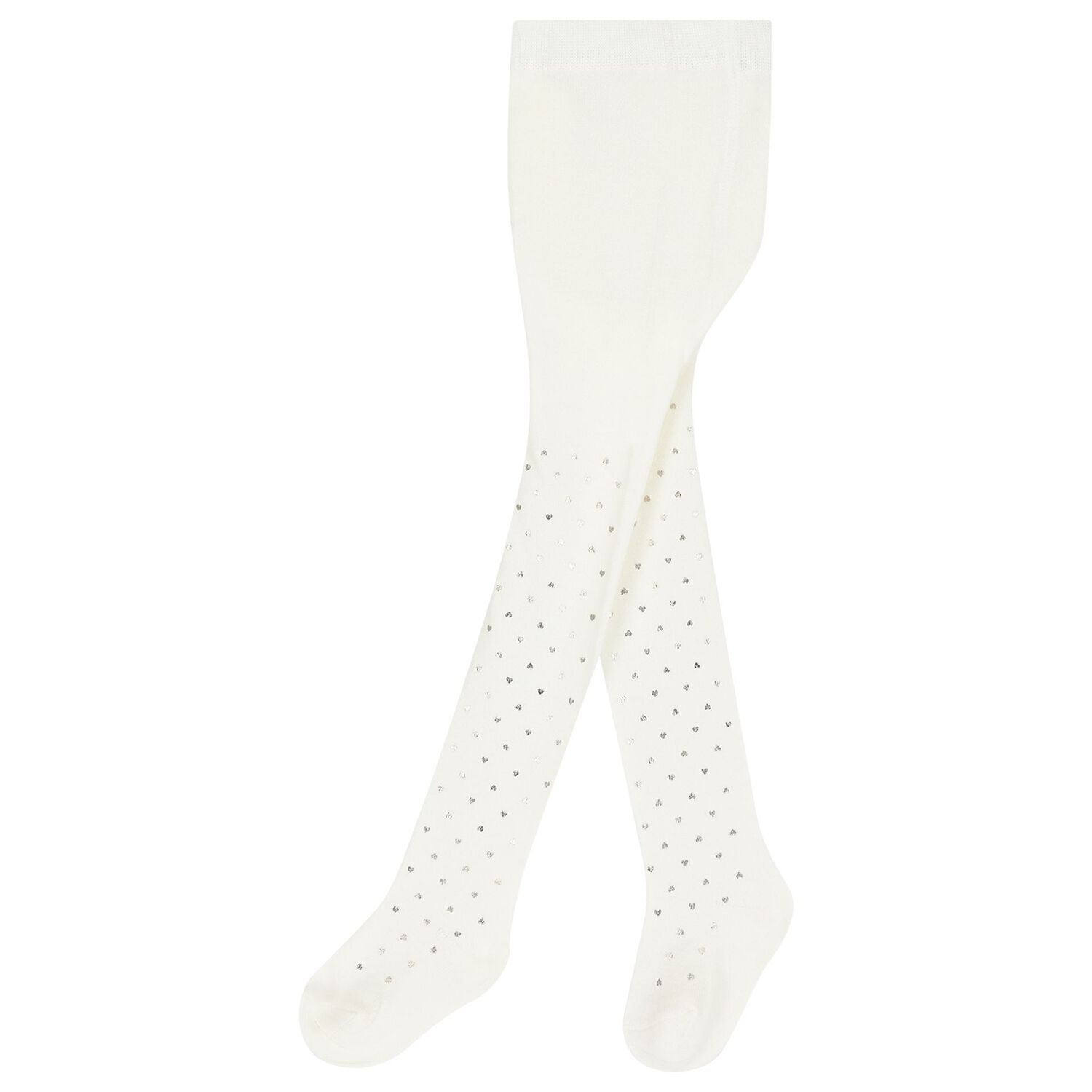 Younger Girls White & Silver Heart Tights, 1, hi-res
