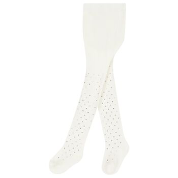 Younger Girls White & Silver Heart Tights