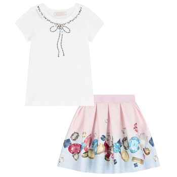 Girls Ivory, Pink & Blue Jewel Skirt Set