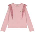 Girls Pink Glittery Tulle Long Sleeve Top, 2, hi-res
