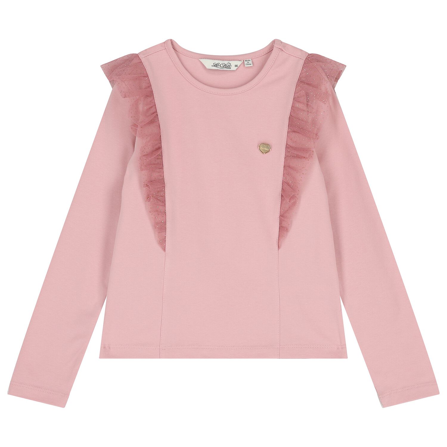 Girls Pink Glittery Tulle Long Sleeve Top, 2, hi-res image number null