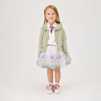 Girls Ivory & Purple Floral Logo Tulle Skirt