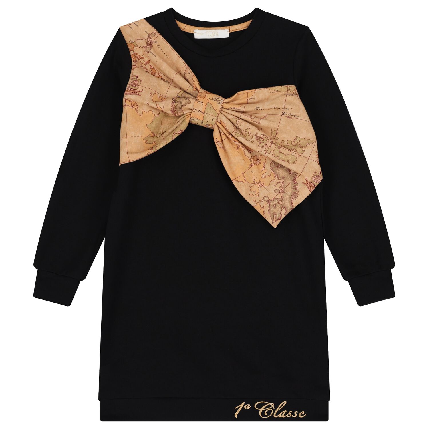 Girls Black Bow Geo Map Dress, 1, hi-res