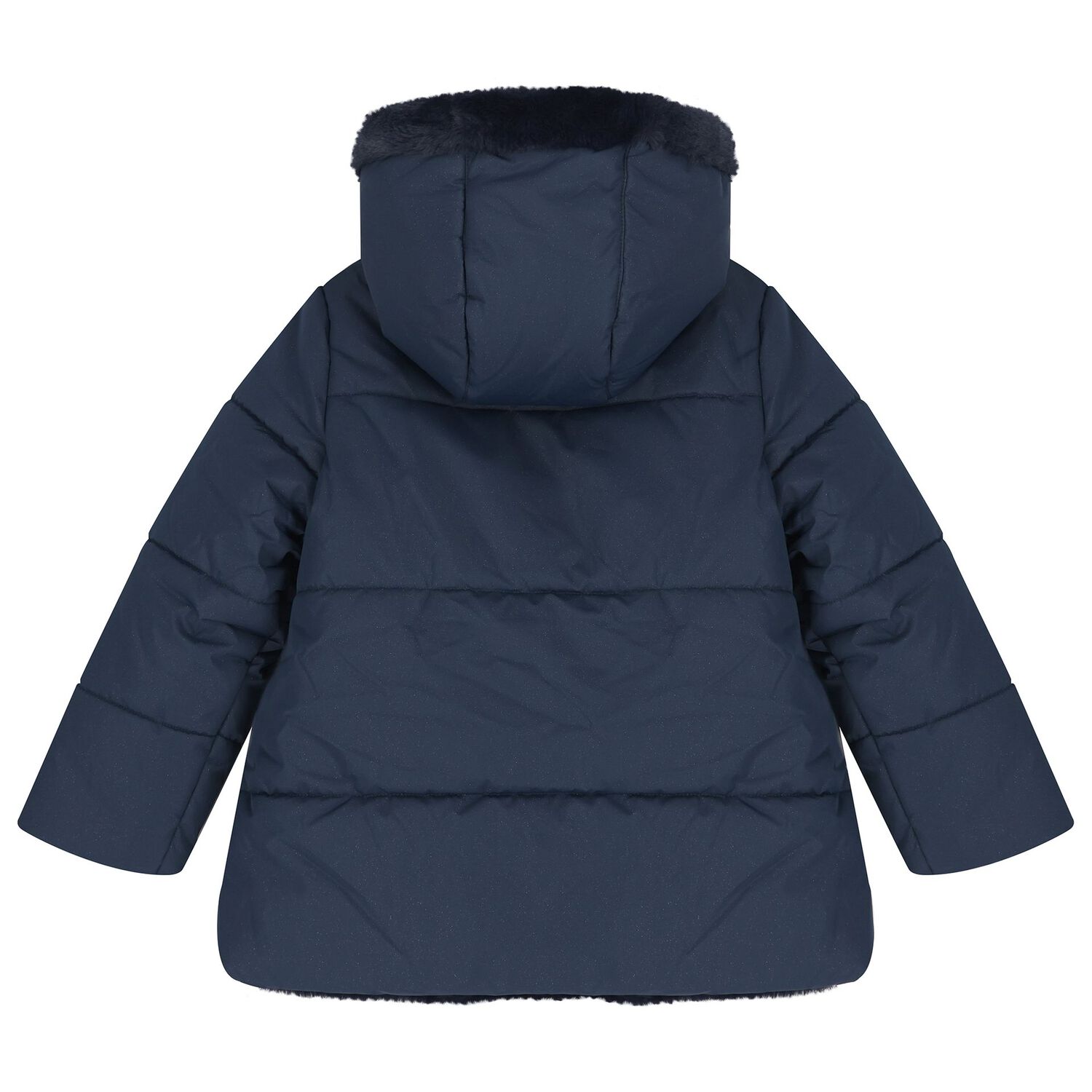 Girls Navy Blue Reversible Faux Fur Jacket, 1, hi-res
