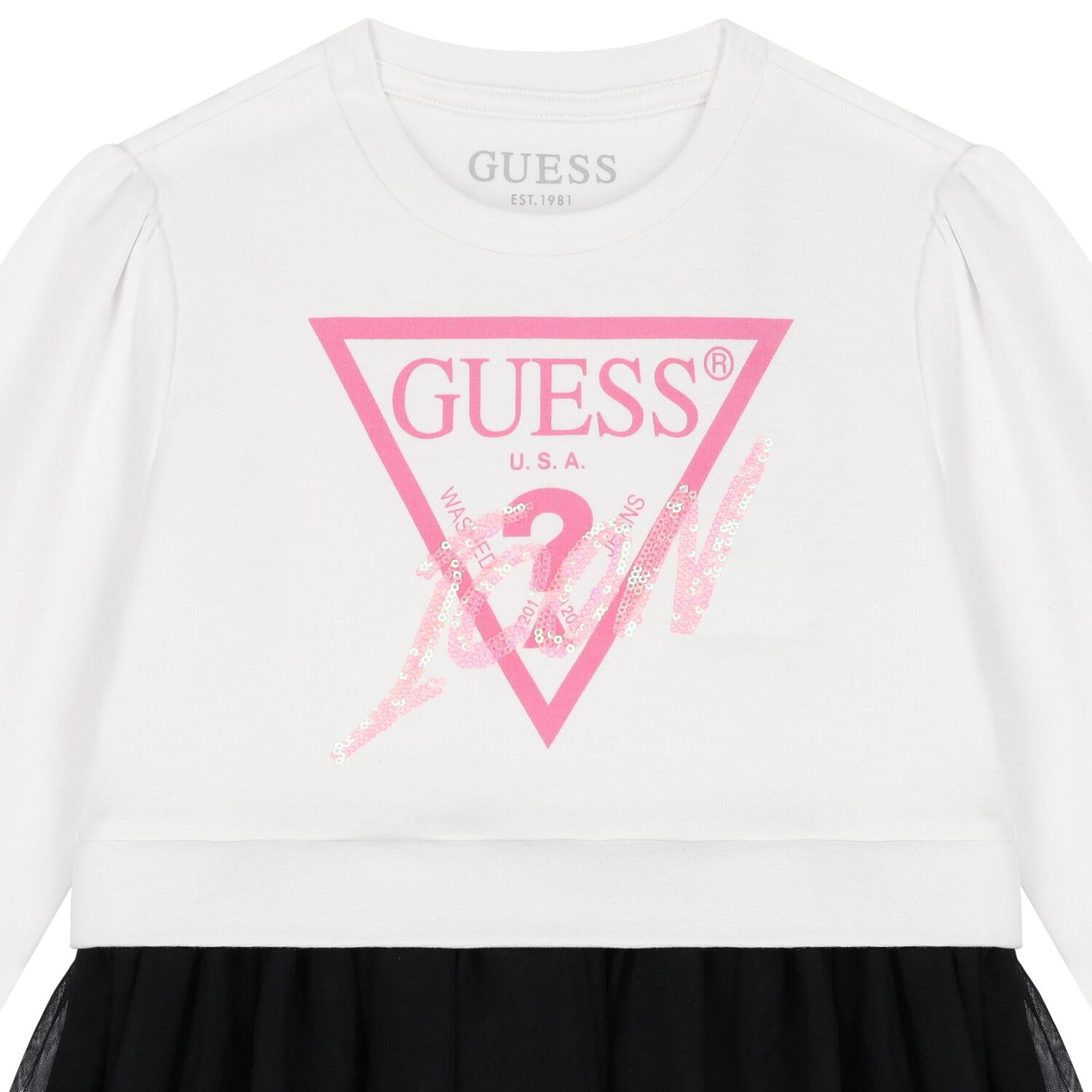 Girls White & Black Logo Tulle Dress, 1, hi-res