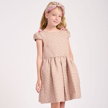 Girls Beige & Pink Jacquard Hearts Dress